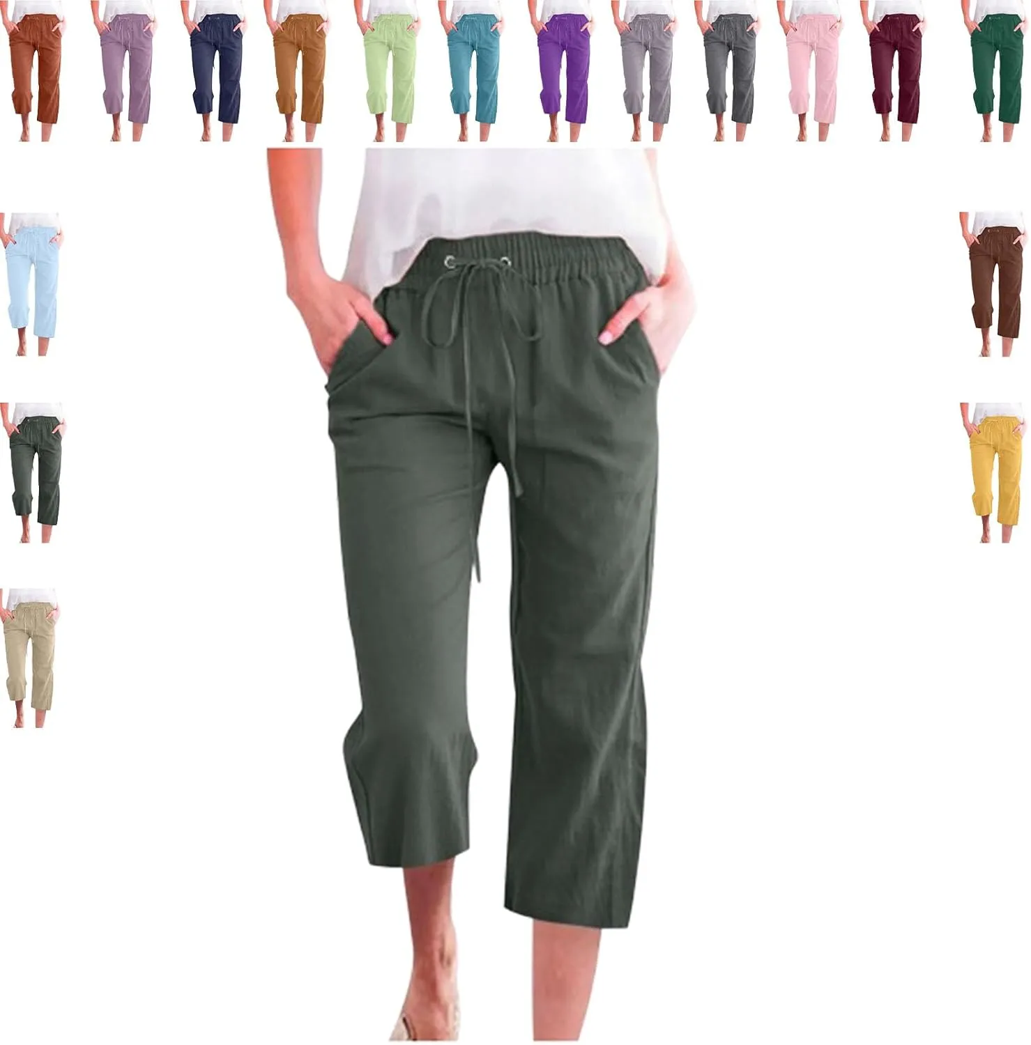 Women's Capri Pants Cotton Linen Casual Summer Cropped Trousers with Pockets, Drawstring Elastic Waist