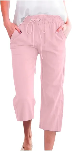 Womens Casual Cotton Linen Capri Pants Drawstring Elastic Waist Wide Leg Trousers Beach Vacation Outfits