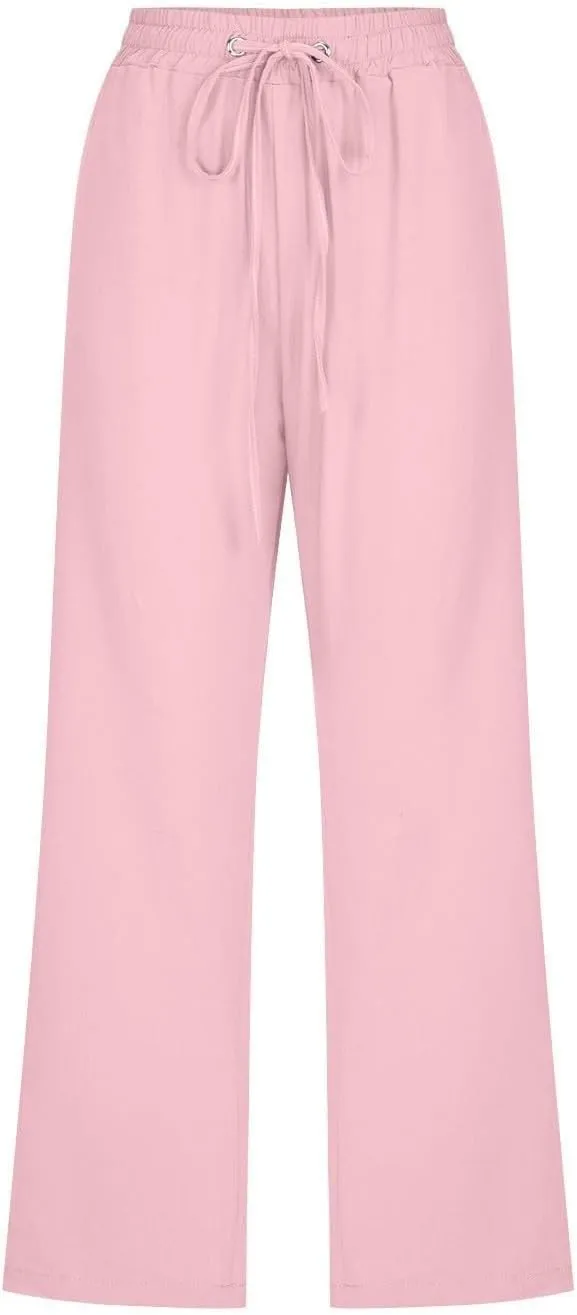 Womens Casual Cotton Linen Capri Pants Drawstring Elastic Waist Wide Leg Trousers Beach Vacation Outfits