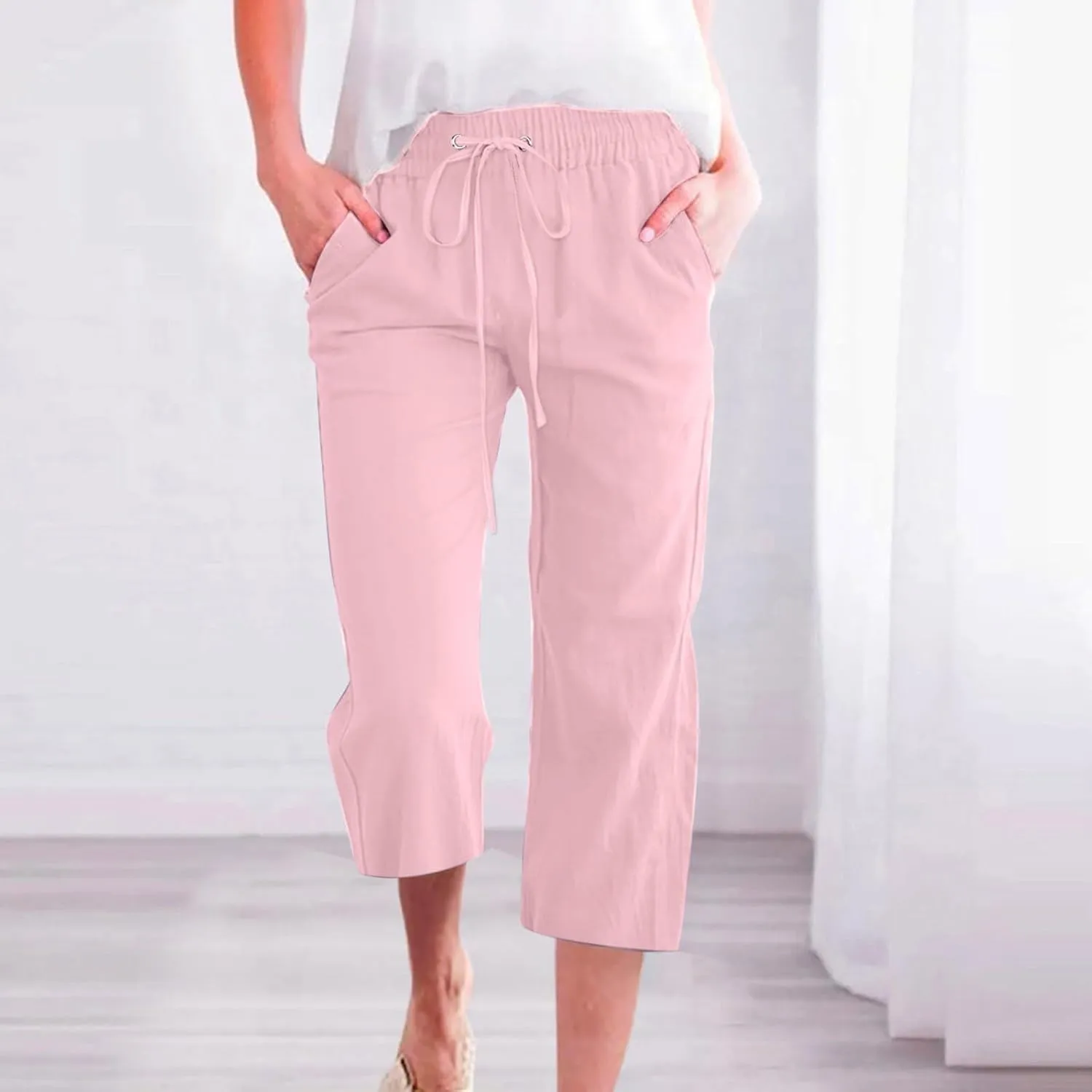 Womens Casual Cotton Linen Capri Pants Drawstring Elastic Waist Wide Leg Trousers Beach Vacation Outfits