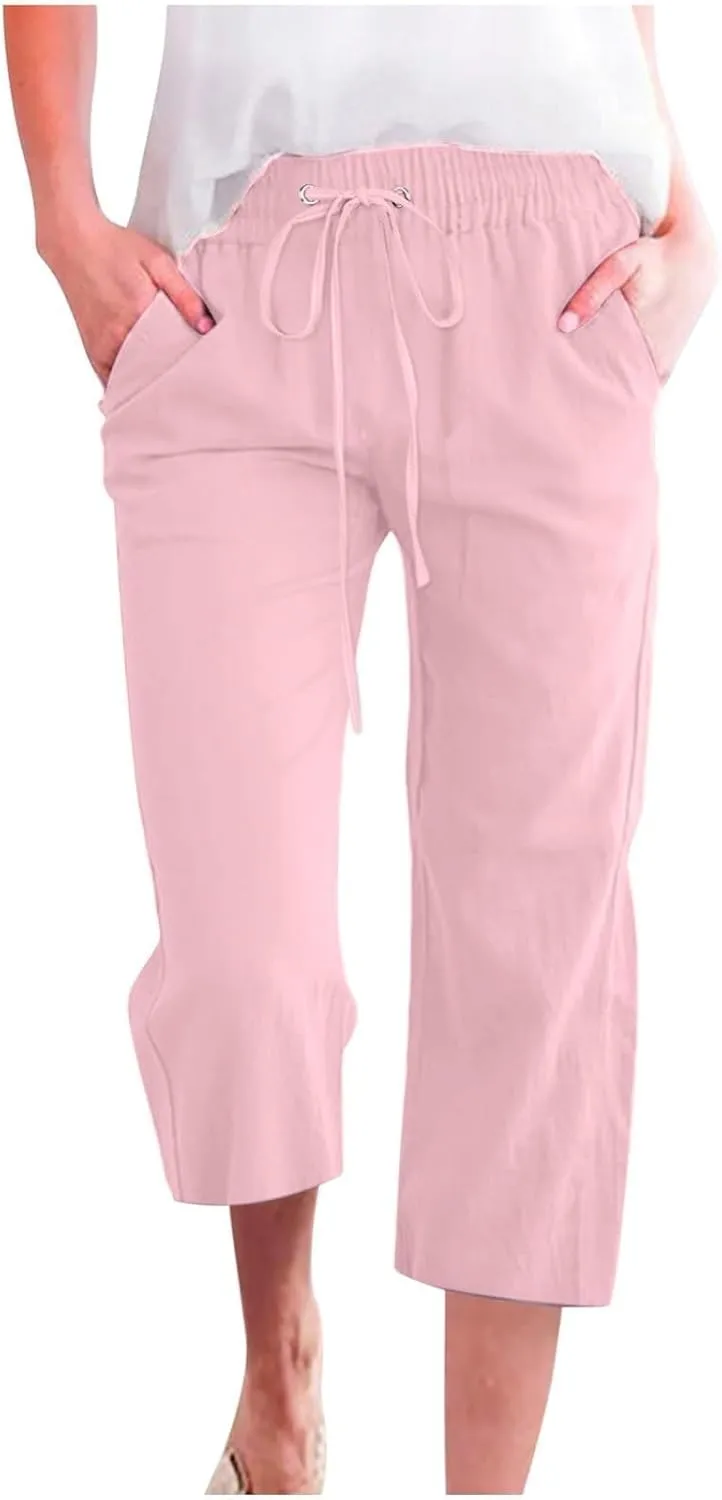 Womens Casual Cotton Linen Capri Pants Drawstring Elastic Waist Wide Leg Trousers Beach Vacation Outfits