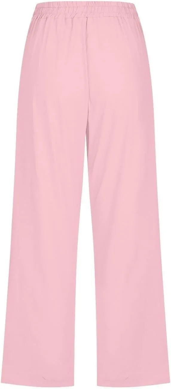 Womens Casual Cotton Linen Capri Pants Drawstring Elastic Waist Wide Leg Trousers Beach Vacation Outfits