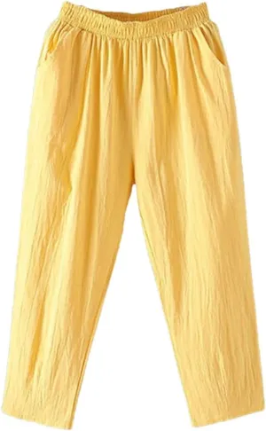 Women's Casual Cotton Linen Harem Pants Loose Solid Elastic Waist Ankle-Length Pants
