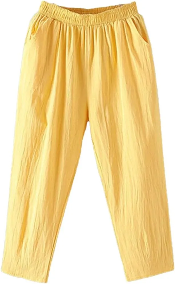 Women's Casual Cotton Linen Harem Pants Loose Solid Elastic Waist Ankle-Length Pants