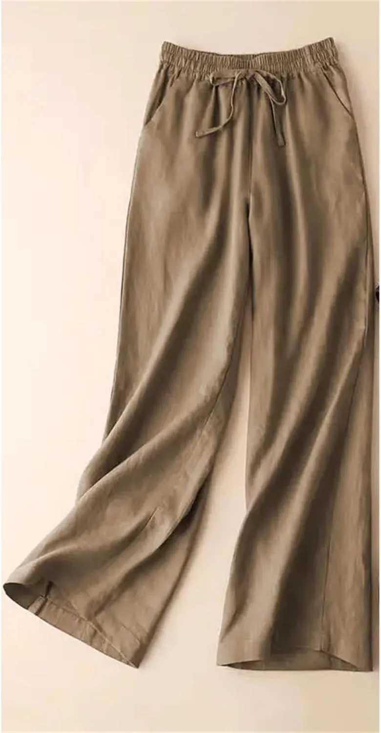 Women's Casual Wide Leg Pants  Summer Loose Fit Cotton Linen Solid Color Drawstring Elastic Waist Casual Trousers