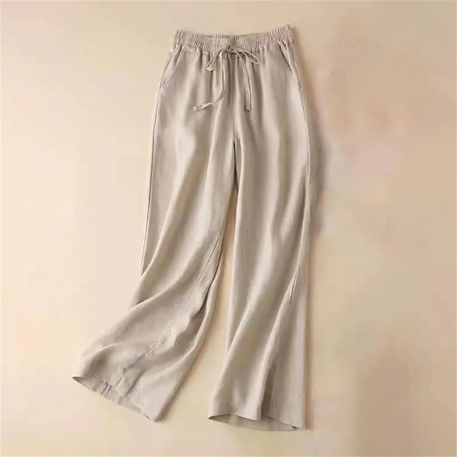 Women's Casual Wide Leg Pants  Summer Loose Fit Cotton Linen Solid Color Drawstring Elastic Waist Casual Trousers