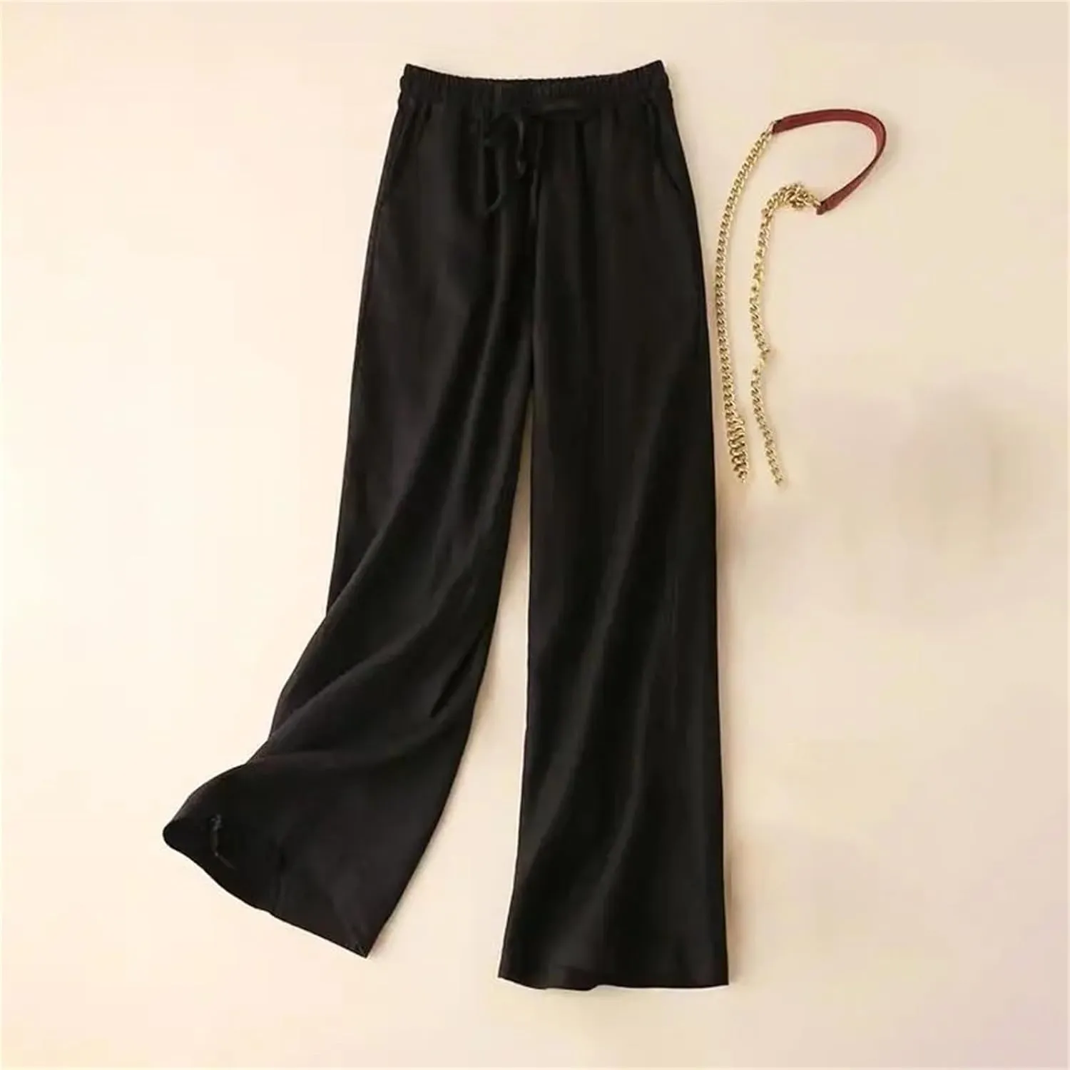 Women's Casual Wide Leg Pants  Summer Loose Fit Cotton Linen Solid Color Drawstring Elastic Waist Casual Trousers