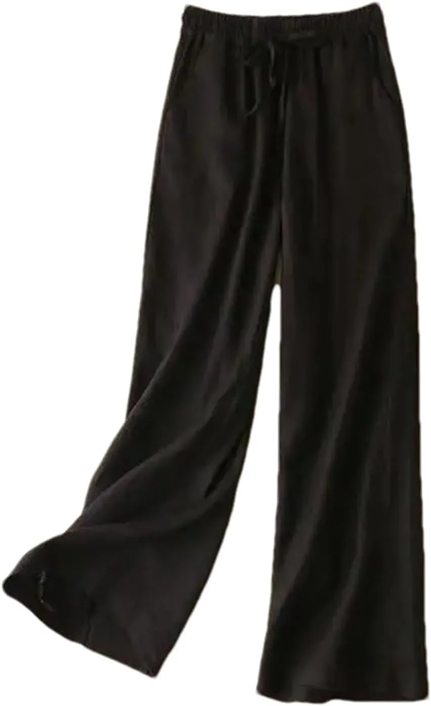 Women's Casual Wide Leg Pants  Summer Loose Fit Cotton Linen Solid Color Drawstring Elastic Waist Casual Trousers