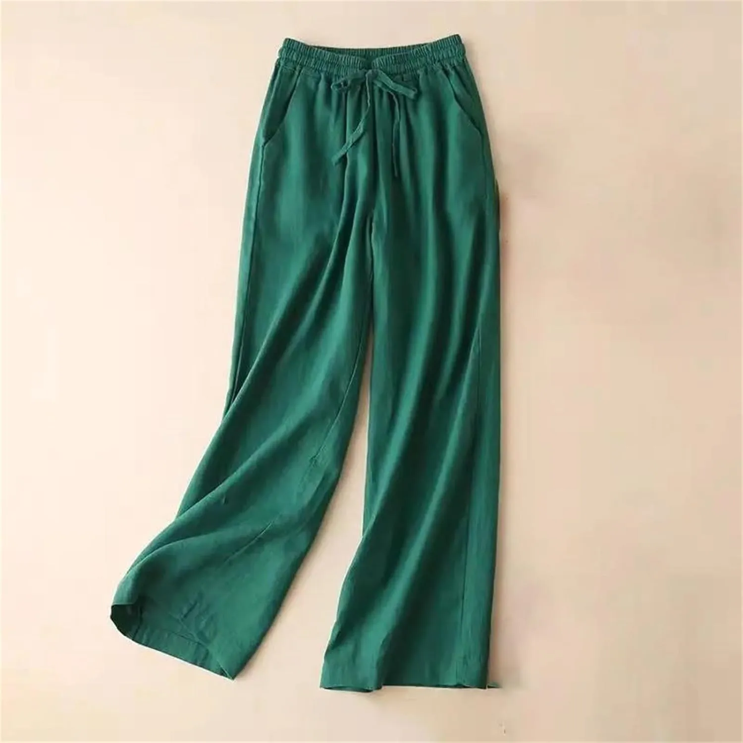 Women's Casual Wide Leg Pants  Summer Loose Fit Cotton Linen Solid Color Drawstring Elastic Waist Casual Trousers