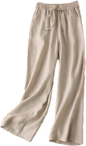 Women's Casual Wide Leg Pants  Summer Loose Fit Cotton Linen Solid Color Drawstring Elastic Waist Casual Trousers