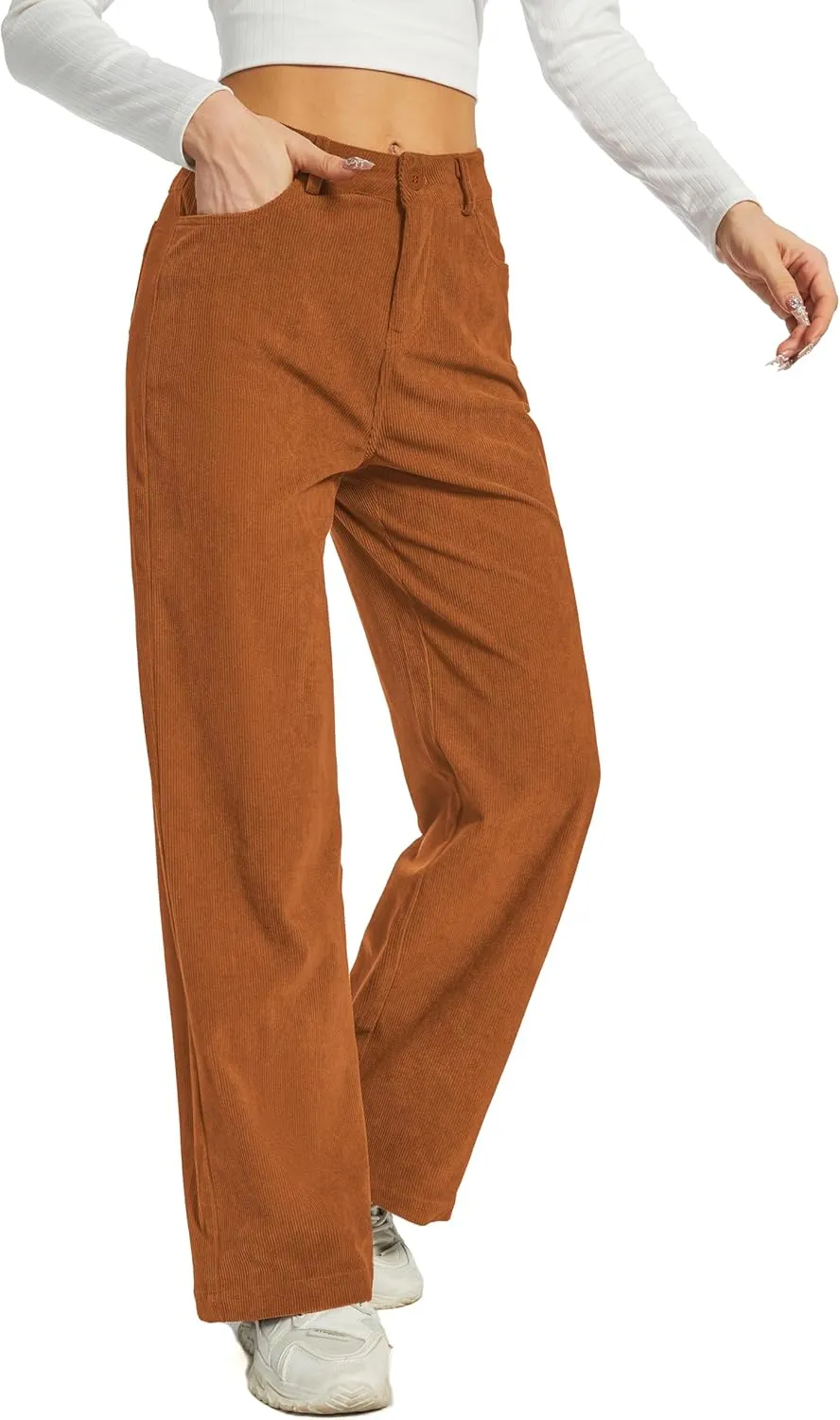 Women's Corduroy Loose Mid Rise Pant Casual Fall Straight Leg Elastic Waist Pants with Pockets