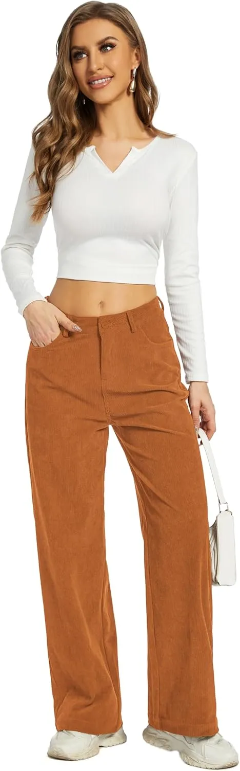 Women's Corduroy Loose Mid Rise Pant Casual Fall Straight Leg Elastic Waist Pants with Pockets