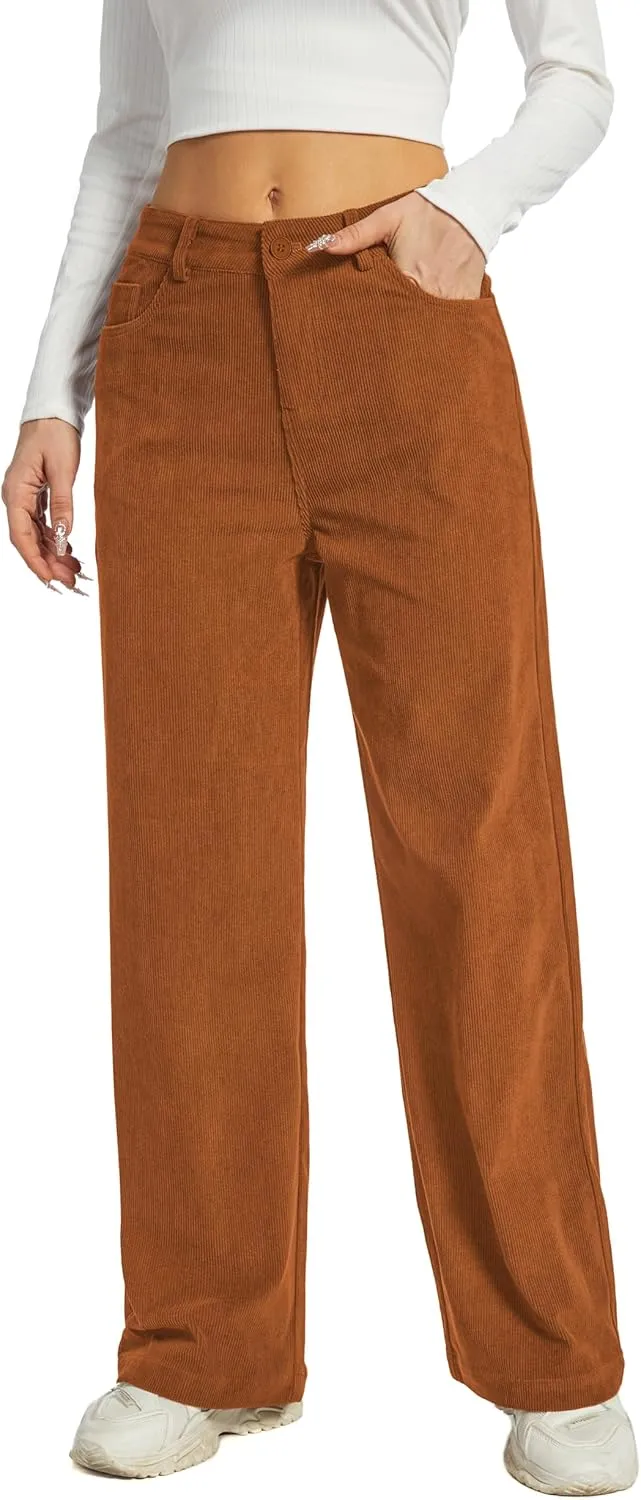 Women's Corduroy Loose Mid Rise Pant Casual Fall Straight Leg Elastic Waist Pants with Pockets