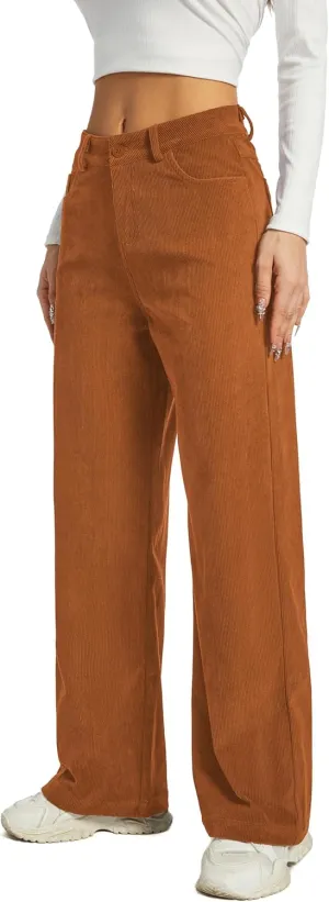 Women's Corduroy Loose Mid Rise Pant Casual Fall Straight Leg Elastic Waist Pants with Pockets