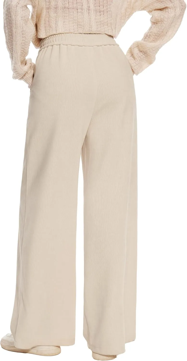 Women's Corduroy Loose Mid Rise Pant Casual Fall Straight Leg Elastic Waist Pants with Pockets