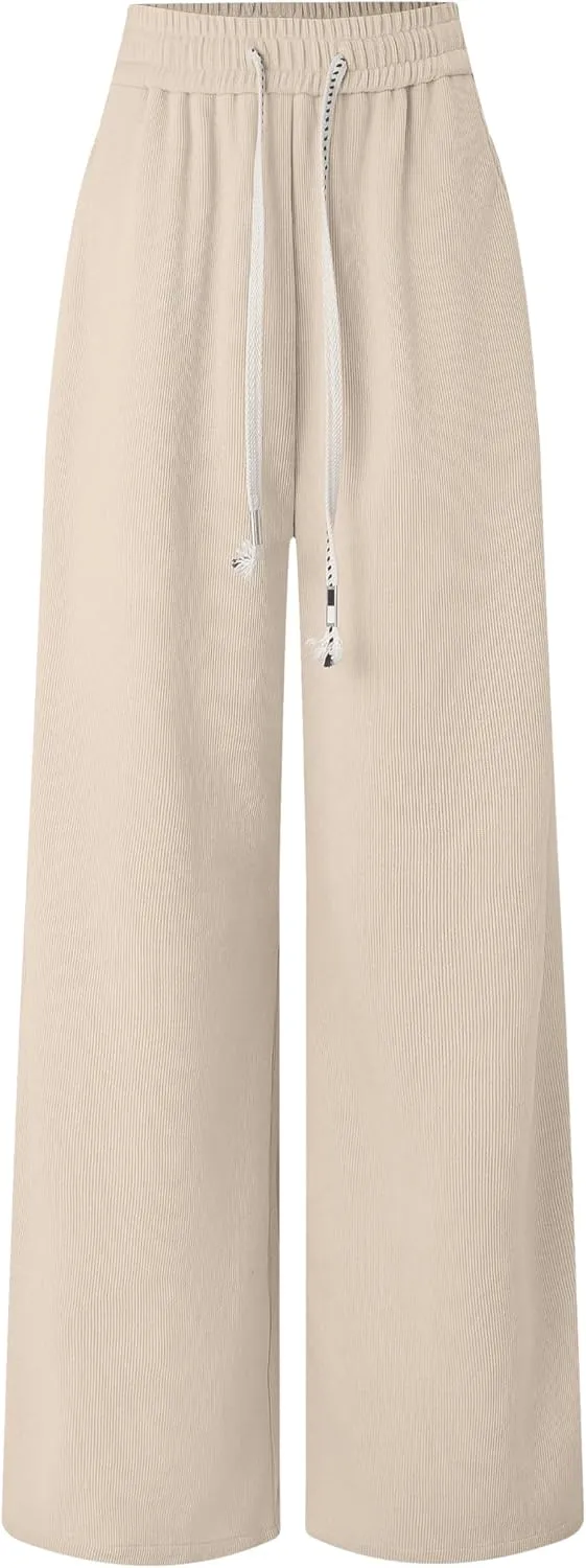 Women's Corduroy Loose Mid Rise Pant Casual Fall Straight Leg Elastic Waist Pants with Pockets