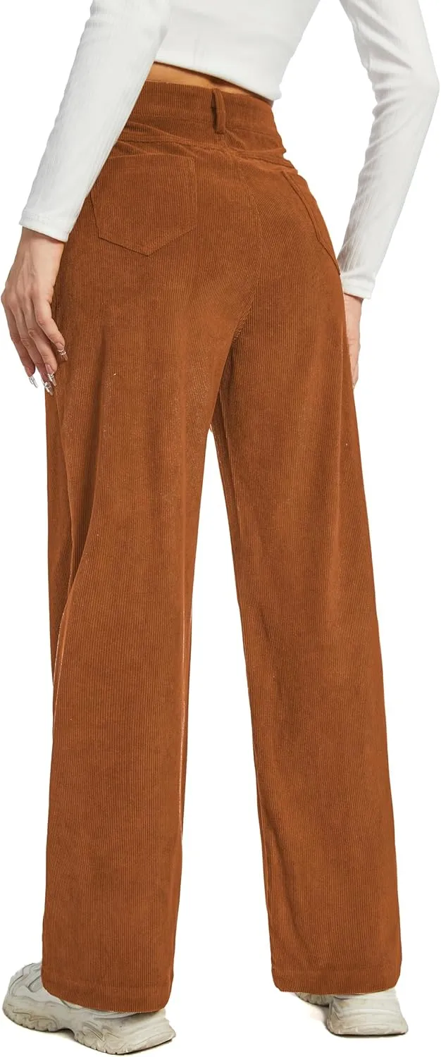 Women's Corduroy Loose Mid Rise Pant Casual Fall Straight Leg Elastic Waist Pants with Pockets