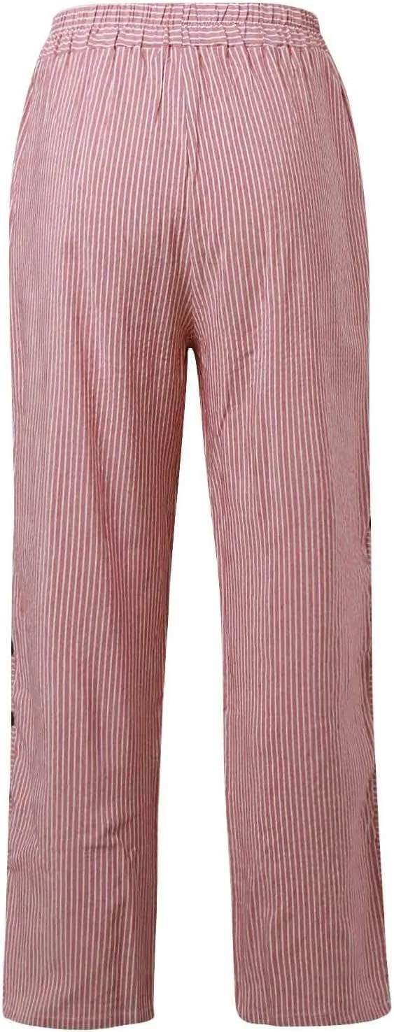 Womens Cotton Linen Pants Casual Summer Striped Side Button Elastic Waist Pants Wide Leg Loose Trousers with Pockets