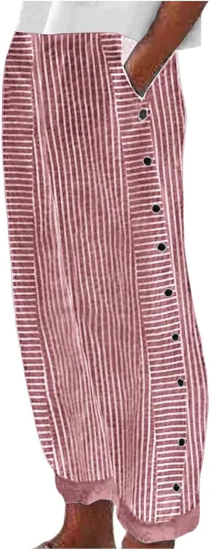 Womens Cotton Linen Pants Casual Summer Striped Side Button Elastic Waist Pants Wide Leg Loose Trousers with Pockets