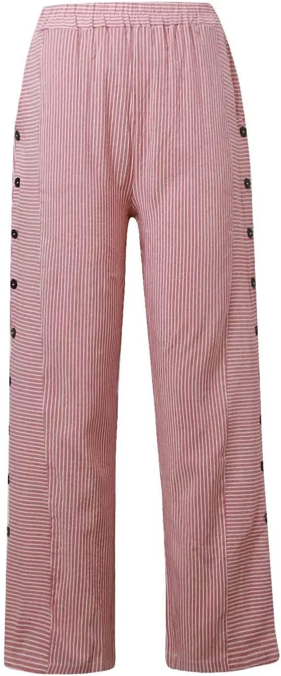 Womens Cotton Linen Pants Casual Summer Striped Side Button Elastic Waist Pants Wide Leg Loose Trousers with Pockets