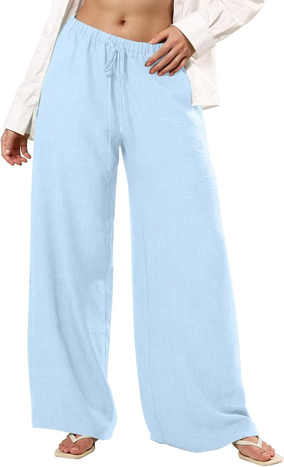 Women's Cotton Linen Pants Palazzo Flowy Wide Leg Drawstring Elastic Waist Casual Yoga Beach Trousers with Pockets