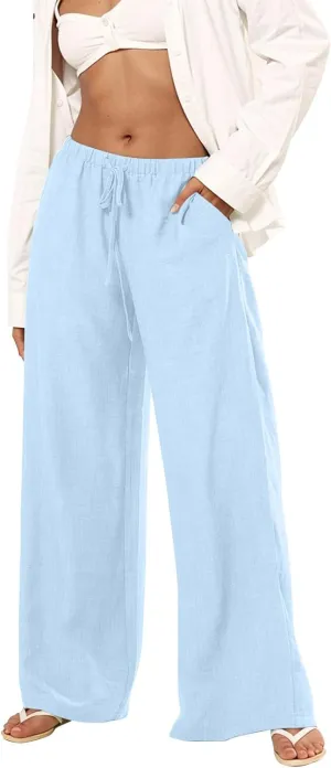 Women's Cotton Linen Pants Palazzo Flowy Wide Leg Drawstring Elastic Waist Casual Yoga Beach Trousers with Pockets