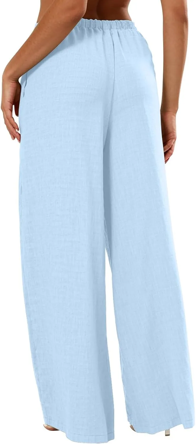 Women's Cotton Linen Pants Palazzo Flowy Wide Leg Drawstring Elastic Waist Casual Yoga Beach Trousers with Pockets