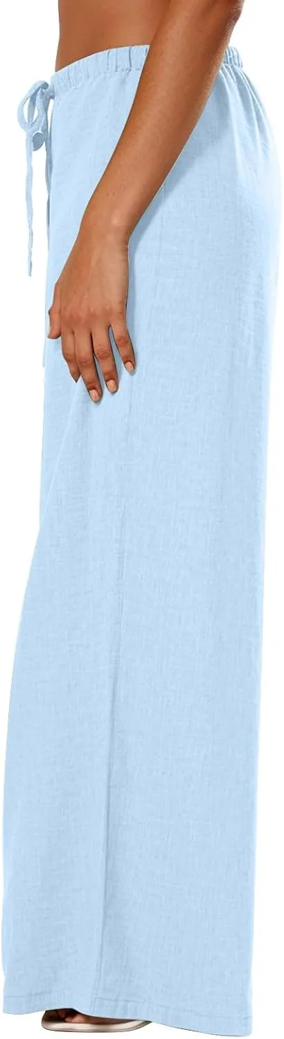 Women's Cotton Linen Pants Palazzo Flowy Wide Leg Drawstring Elastic Waist Casual Yoga Beach Trousers with Pockets