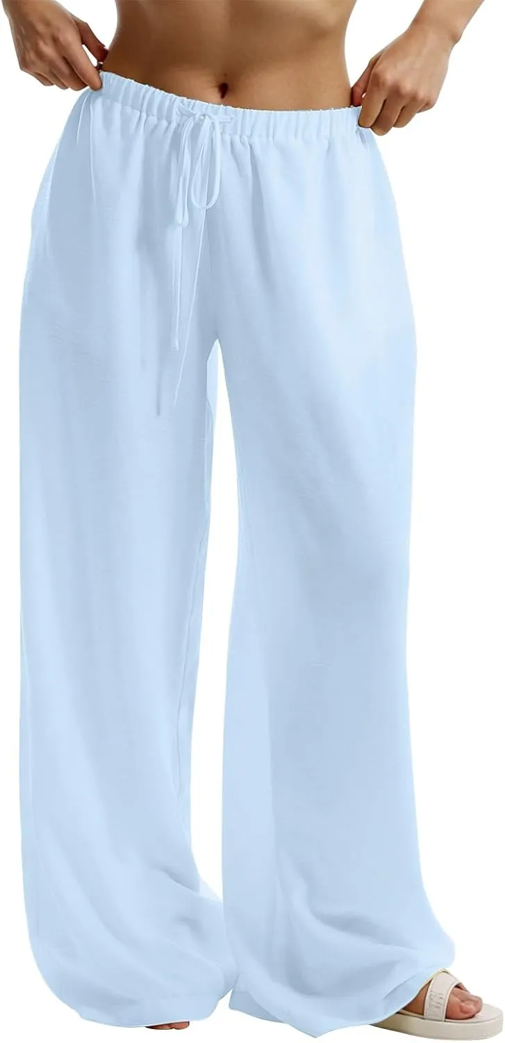 Women's Cotton Linen Pants Palazzo Flowy Wide Leg Drawstring Elastic Waist Casual Yoga Beach Trousers with Pockets