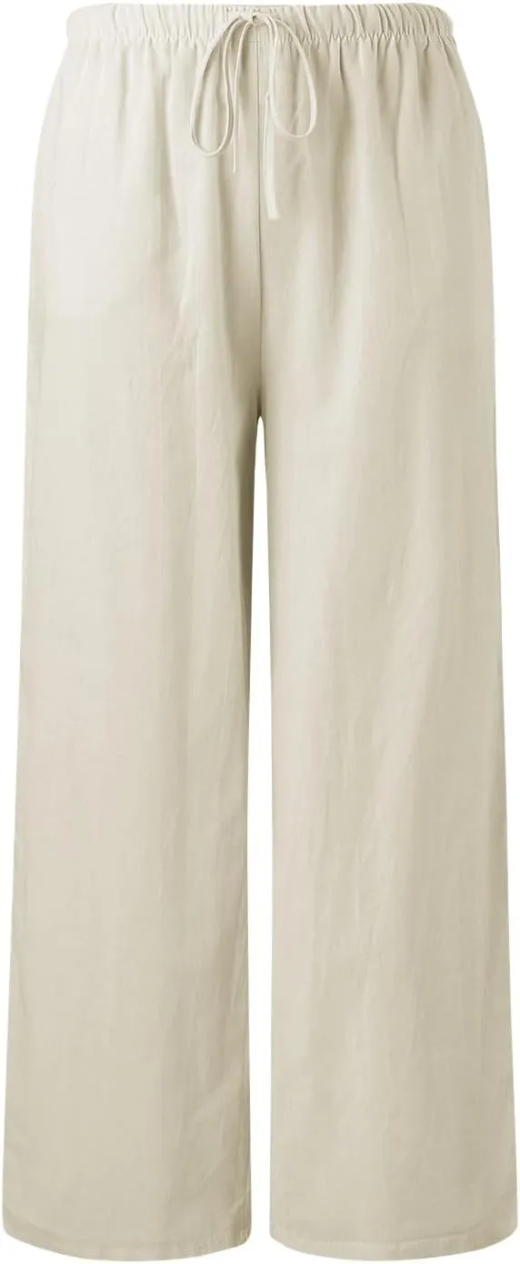 Womens Cotton Linen Pants Summer Palazzo Pants Drawstring Elastic Waist Wide Leg Trousers with Pockets