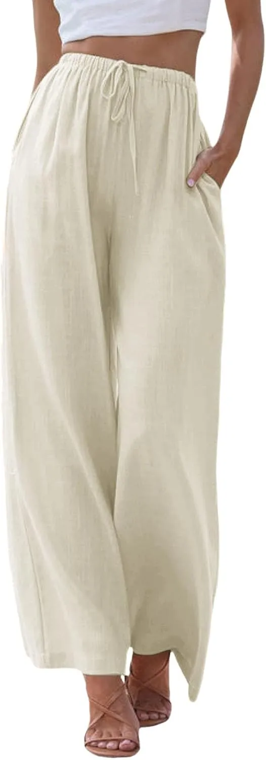 Womens Cotton Linen Pants Summer Palazzo Pants Drawstring Elastic Waist Wide Leg Trousers with Pockets