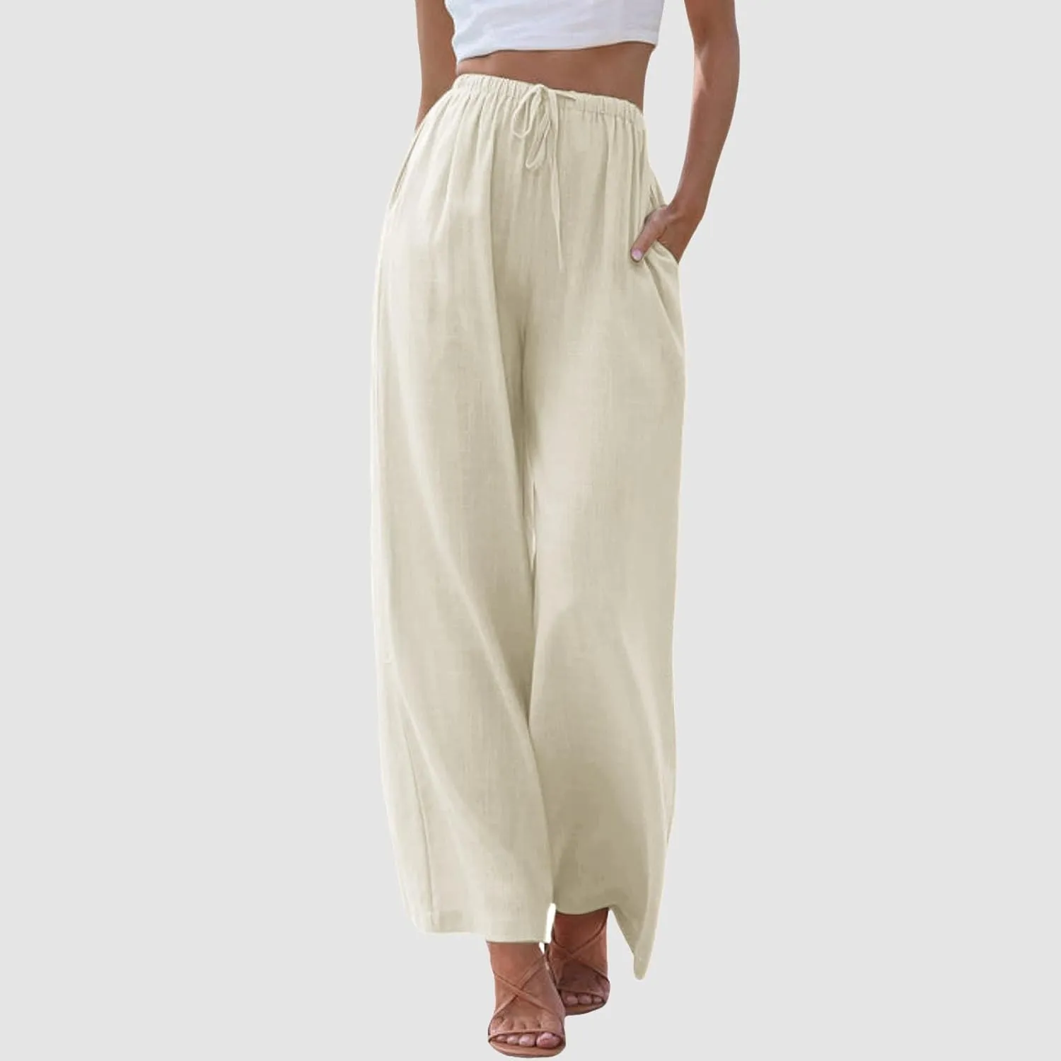Womens Cotton Linen Pants Summer Palazzo Pants Drawstring Elastic Waist Wide Leg Trousers with Pockets