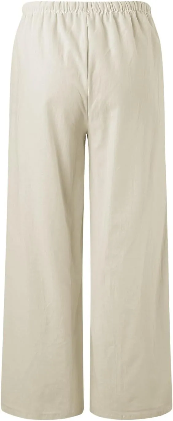 Womens Cotton Linen Pants Summer Palazzo Pants Drawstring Elastic Waist Wide Leg Trousers with Pockets