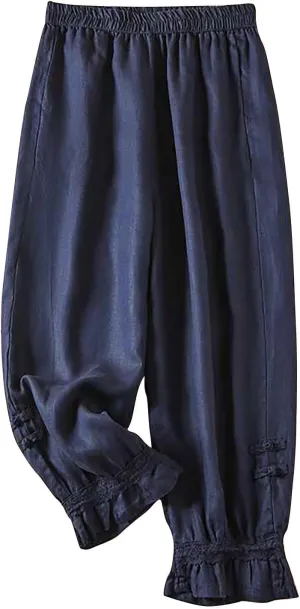 Womens Cotton Linen Pants Vintage Embroidery Elastic Waist Solid Color Casual Pants Ruffle Cropped Trousers Pockets