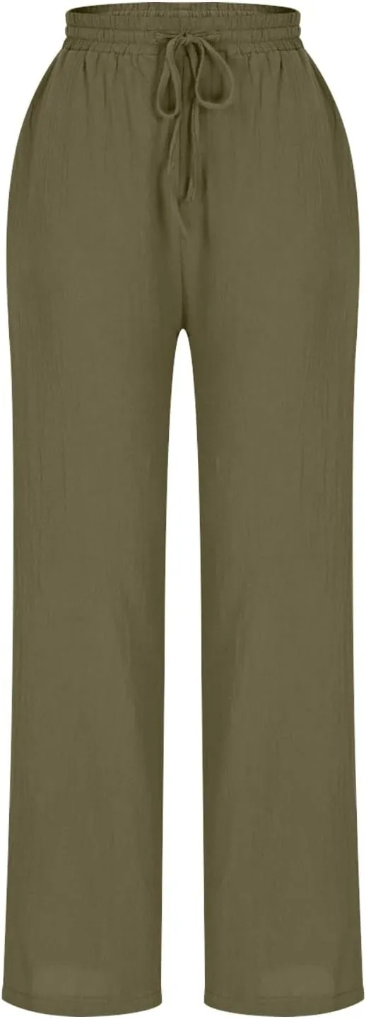 Women's Cotton Linen Straight Leg Pants Elastic Waist Drawstring Casual Trousers Pockets Summer Beach Lounge Pant
