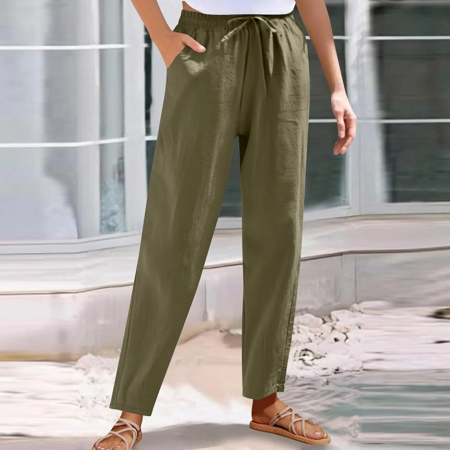 Women's Cotton Linen Straight Leg Pants Elastic Waist Drawstring Casual Trousers Pockets Summer Beach Lounge Pant