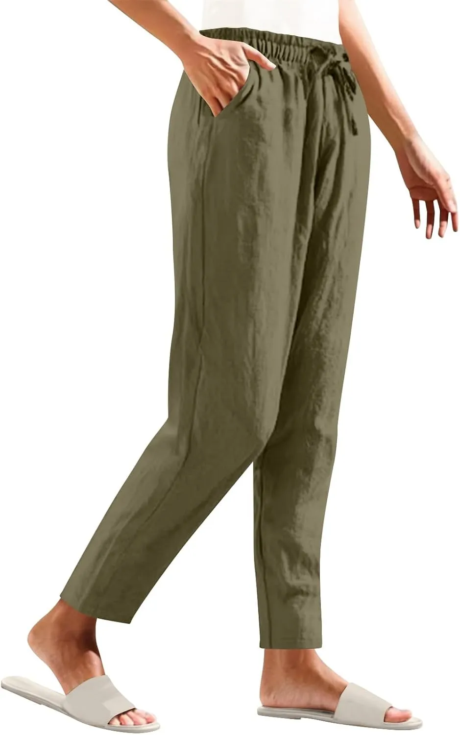 Women's Cotton Linen Straight Leg Pants Elastic Waist Drawstring Casual Trousers Pockets Summer Beach Lounge Pant