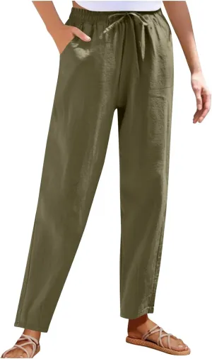 Women's Cotton Linen Straight Leg Pants Elastic Waist Drawstring Casual Trousers Pockets Summer Beach Lounge Pant