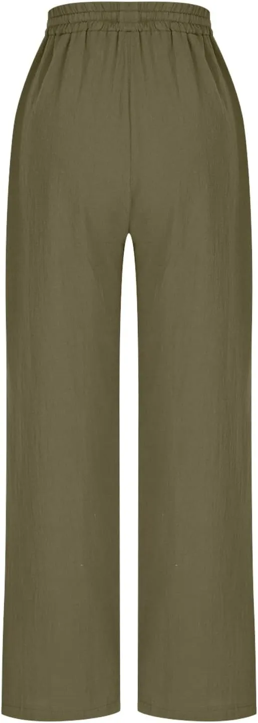 Women's Cotton Linen Straight Leg Pants Elastic Waist Drawstring Casual Trousers Pockets Summer Beach Lounge Pant
