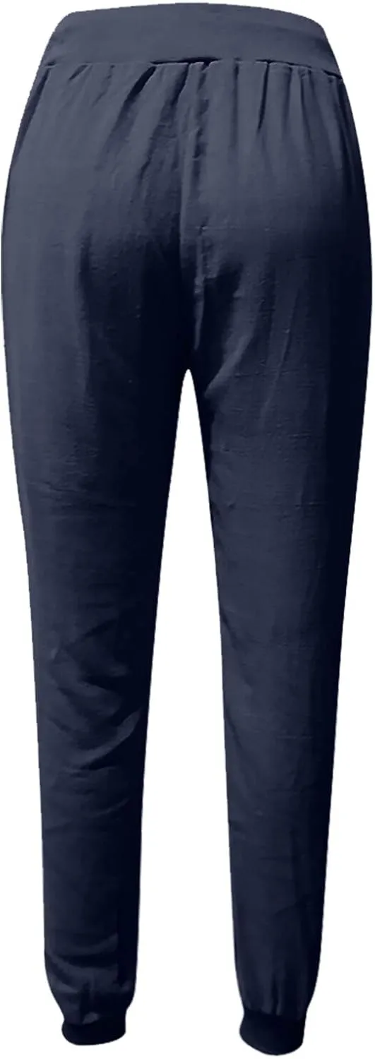 Womens Cotton Linen Tapered Pants Summer Drawstring Elastic Waist Pants Casual Trousers with Pockets