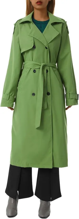 Women's Double Breasted Long Trench Coat Classic Lapel Long Sleeve Casual Windproof Overcoat with Belt Streetwear