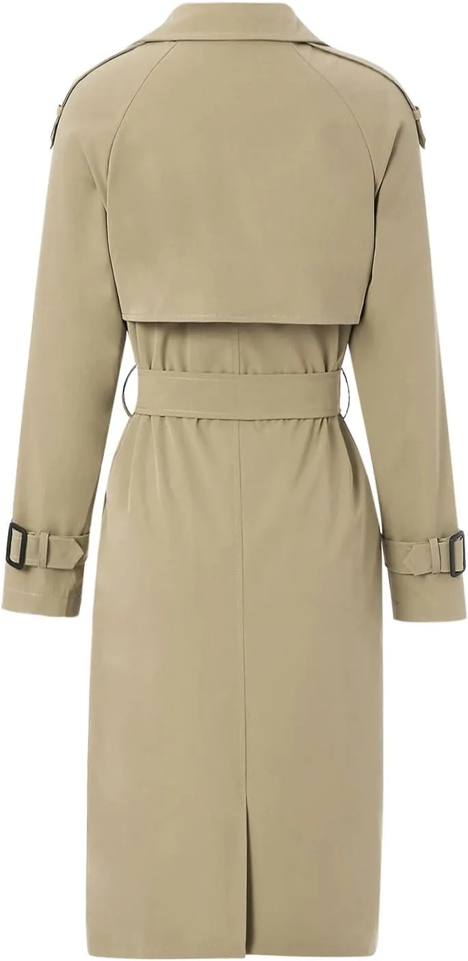 Women's Double Breasted Long Trench Coat Classic Lapel Long Sleeve Casual Windproof Overcoat with Belt Streetwear
