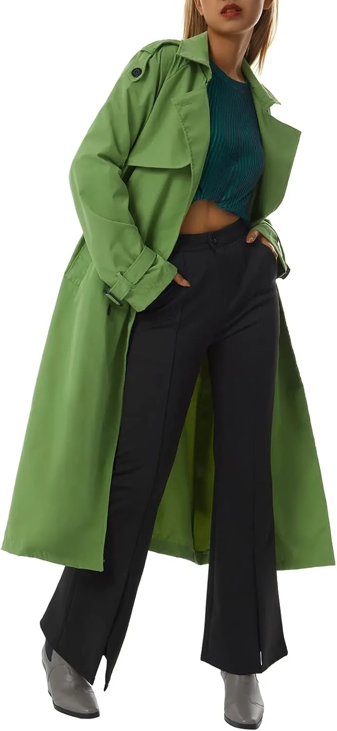 Women's Double Breasted Long Trench Coat Classic Lapel Long Sleeve Casual Windproof Overcoat with Belt Streetwear
