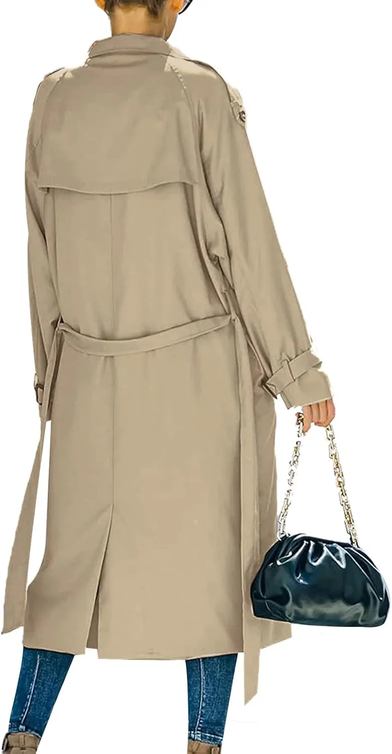 Women's Double Breasted Long Trench Coat Classic Lapel Long Sleeve Casual Windproof Overcoat with Belt Streetwear