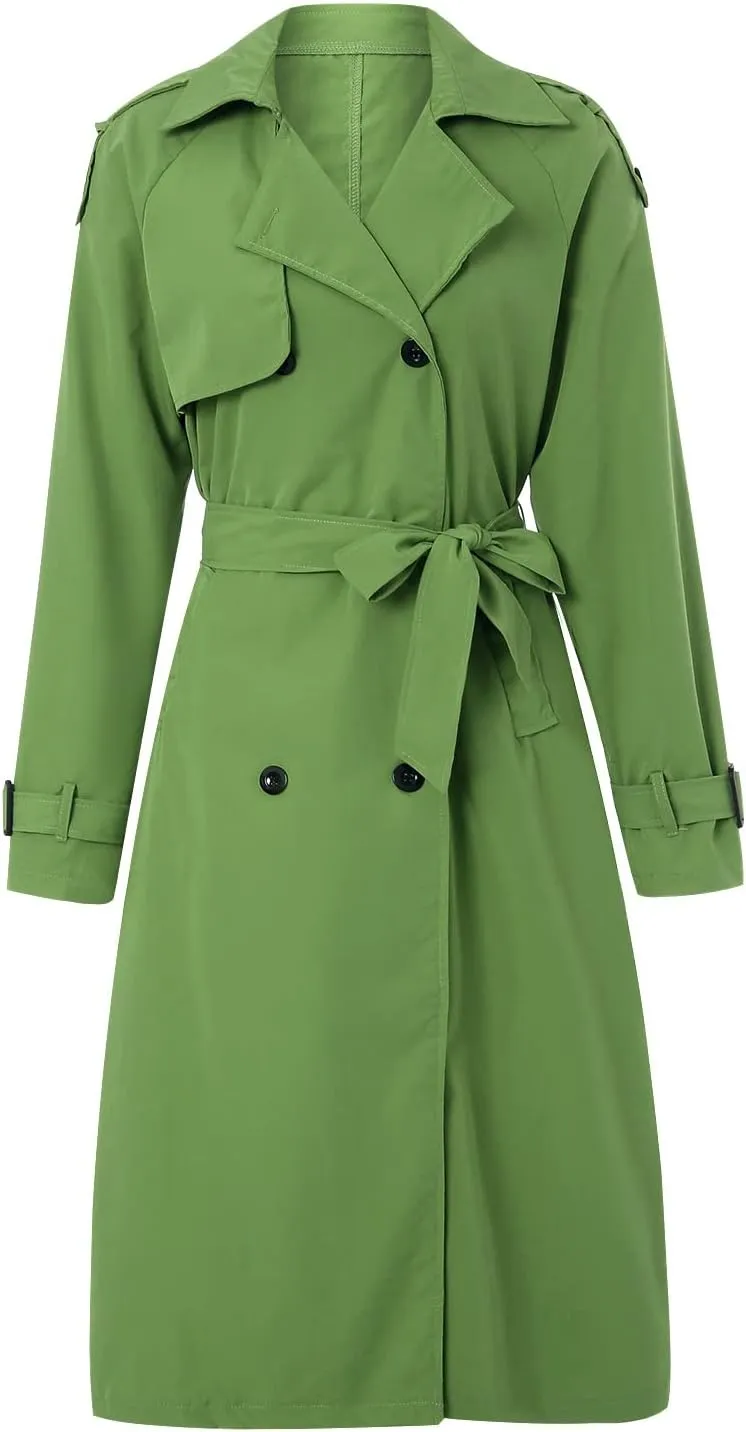 Women's Double Breasted Long Trench Coat Classic Lapel Long Sleeve Casual Windproof Overcoat with Belt Streetwear