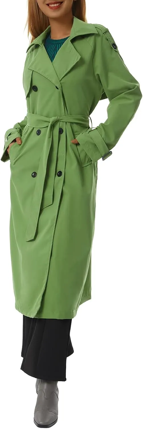 Women's Double Breasted Long Trench Coat Classic Lapel Long Sleeve Casual Windproof Overcoat with Belt Streetwear