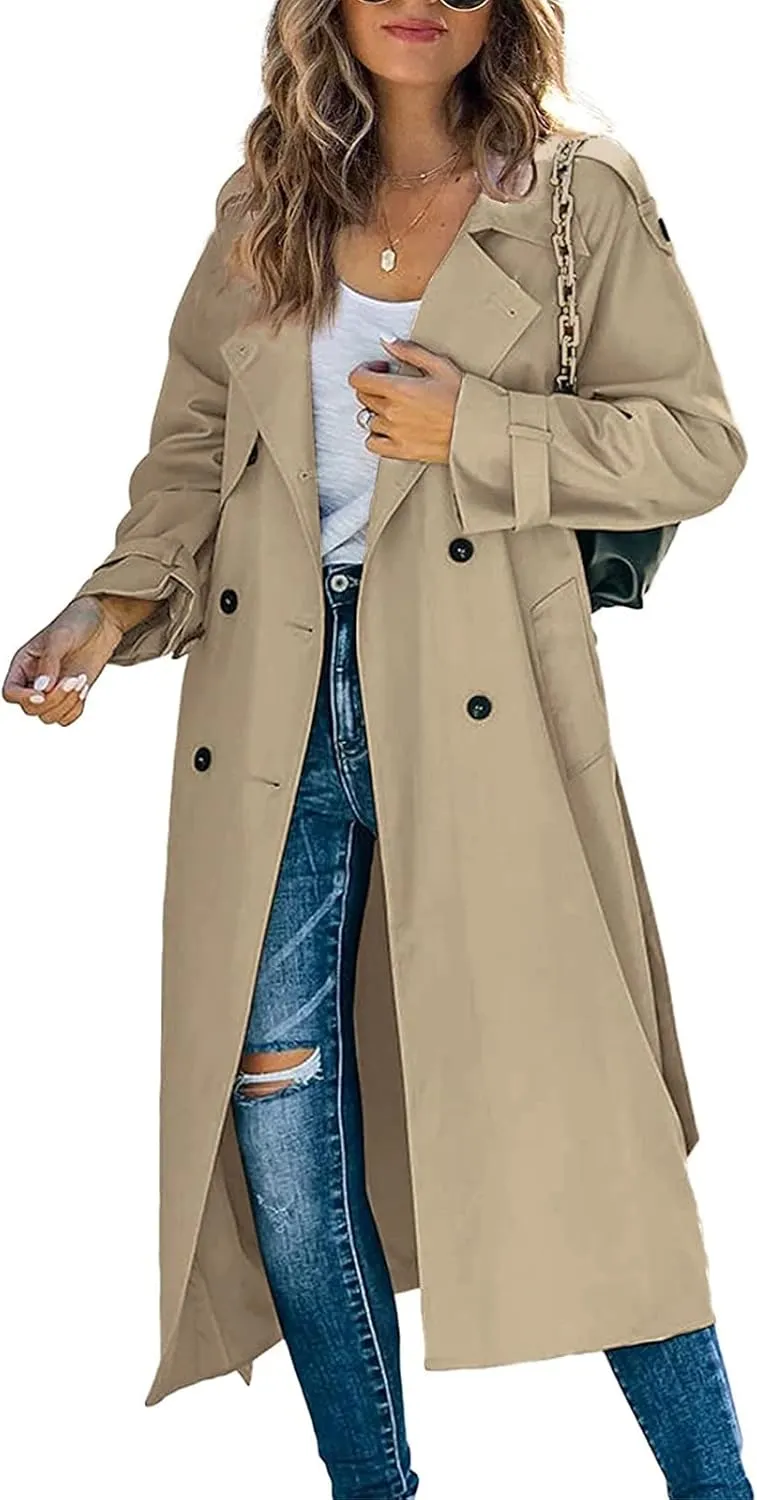 Women's Double Breasted Long Trench Coat Classic Lapel Long Sleeve Casual Windproof Overcoat with Belt Streetwear