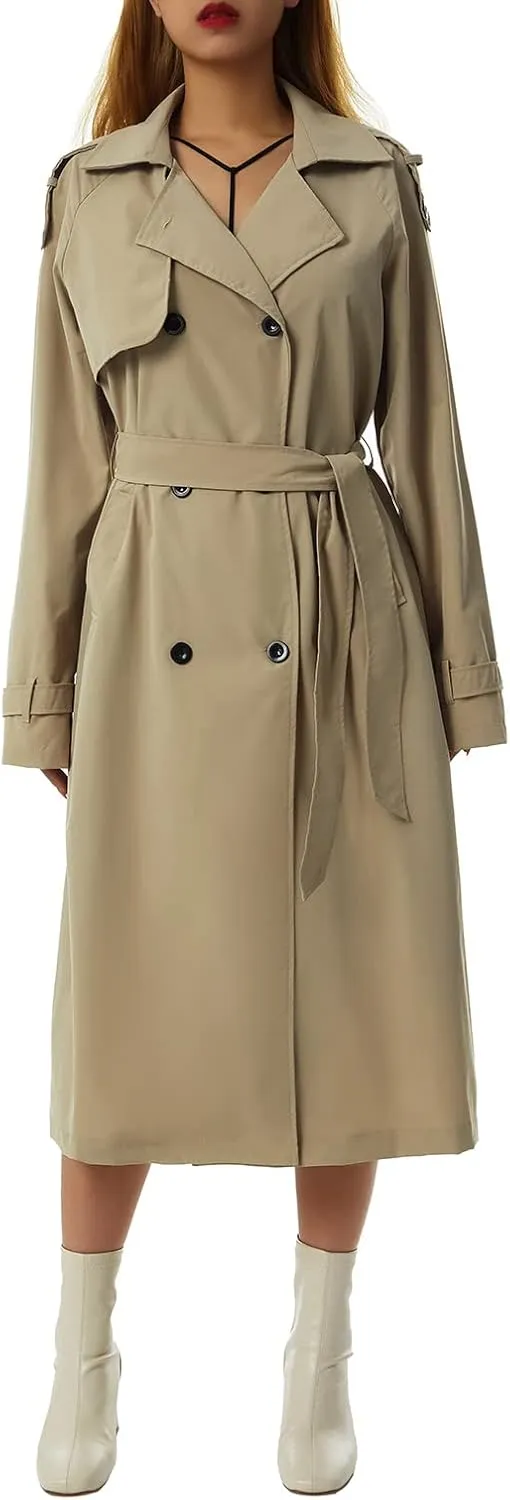 Women's Double Breasted Long Trench Coat Classic Lapel Long Sleeve Casual Windproof Overcoat with Belt Streetwear