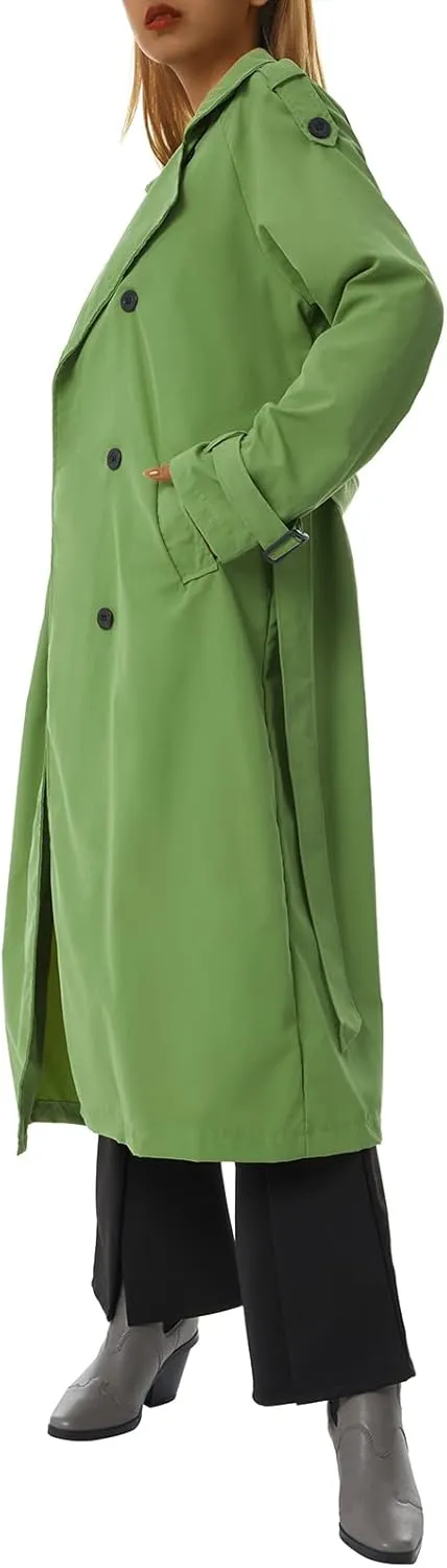 Women's Double Breasted Long Trench Coat Classic Lapel Long Sleeve Casual Windproof Overcoat with Belt Streetwear