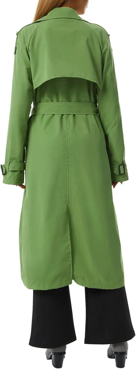 Women's Double Breasted Long Trench Coat Classic Lapel Long Sleeve Casual Windproof Overcoat with Belt Streetwear